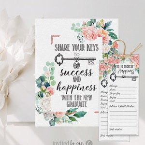Graduation Advice and Wishes -Floral - Signs + bookmarks, Download Printable Girl Grad, Keys to success and happiness Sign and Cards - Print