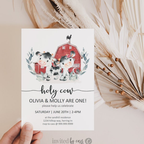 Holy Cow TWINS First Birthday, Boy girl Twins + Cow Birthday Invitation, Red Farm Invites, Twins Birthday,  Holy Cow I'm One, Printable