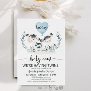 Holy Cow We&#39;re Having TWINS, Blue Boy Twins + Cow Shower Invitation, Farm Shower, Boys Twin Baby Shower, Editable, Printable , Template