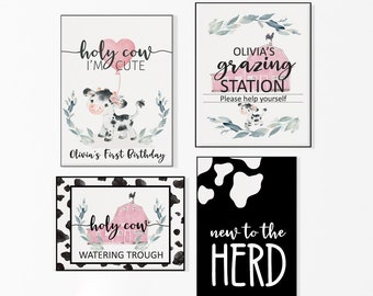 Editable Holy Cow I'm one Girls Birthday Signs Bundle, pink gingham Farm Birthday, Any Age + First Birthday, Printable, Cow Birthday Decor