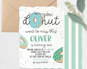 Jungen Donut wachsen, Donut-Geburtstags-Einladung, Jedes Alter + Erster Geburtstag Donut-Geburtstags-Einladung bearbeiten Druckbare Donut-Einladungsvorlage
