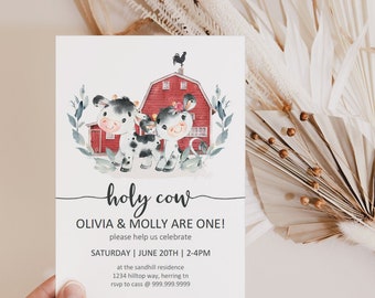 Holy Cow TWINS First Birthday, Boy girl Twins + Cow Birthday Invitation, Red Farm Invites, Twins Birthday,  Holy Cow I'm One, Printable