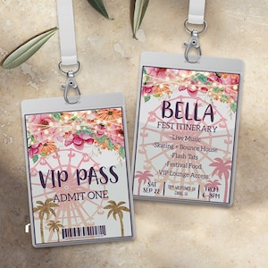 Cartão VIP editável para festival, aniversário de festival de música para meninas florais, roda gigante, BOHO, aniversário floral DIY, primeiro aniversário de meninas, qualquer idade