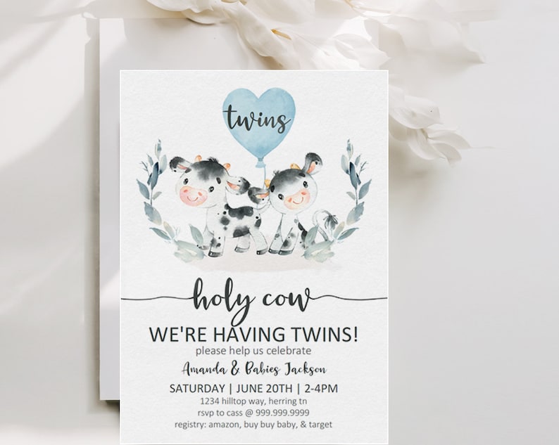 Holy Cow Were Having TWINS Blue Boy Twins Cow Shower Invitation Farm Shower Boys Twin Baby Shower Editable Printable Template