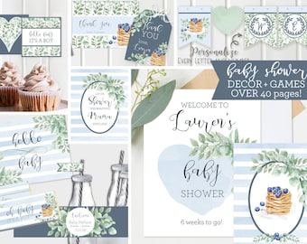 Bundle Baby Boy Shower Decor + Shower Games, Printable - Blue Greenery - Pancakes Baby Brunch, Editable Watercolor, Instant Download - DB19