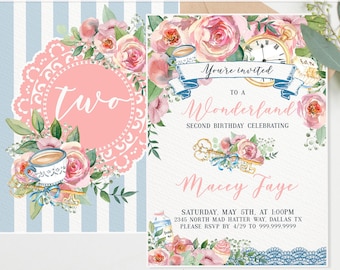 Floral Tea Party Invitation -  Tea Party Invite Wonderland  / Onederland Birthday Invite, Tea Party Idea Supplies - C117 - Instant Edit NOW!
