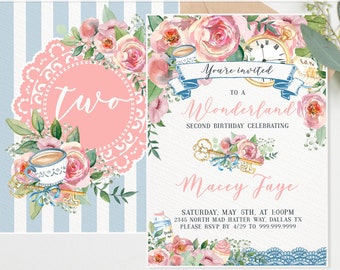 Floral Tea Party Invitation -  Tea Party Invite Wonderland  / Onederland Birthday Invite, Tea Party Idea Supplies - C117 - Instant Edit NOW!