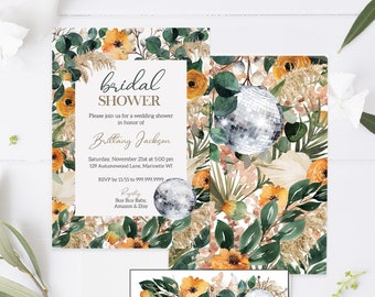 Shower nuptiale disco rétro, shower de mariage nuptiale groovy, faire-part modifiable, neutre, floral BOHO des années 70, invitation de shower de mariage orange