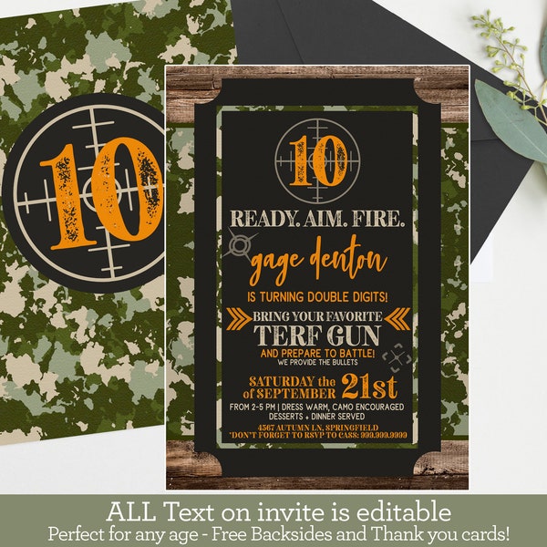 Boys Birthday Invitation, Camo Army Invite, Template, Boys, any age + Tween Invite, War, Hunting Party, Editable Instant Download NCA10