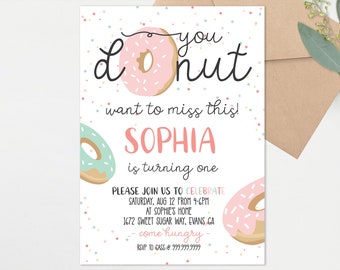 Faire-part d'anniversaire donut, tout âge + premier anniversaire Donut grandir Invitation d'anniversaire donut modifiable Modèle d'invitation imprimable donut