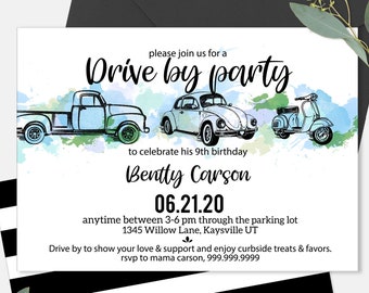 Drive By Party - Quarantine Party - Blue Drive By Birthday Invitations - Digital Invite - Social Distance Celebration - Boys Birthday Parade