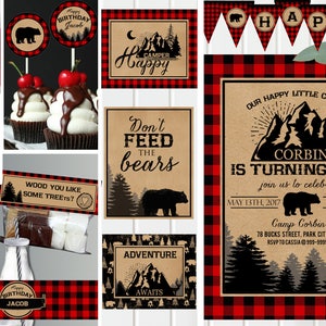Camping invitations and decor - Red Plaid - Camping birthday party - Printable invitation - campout sleepover invitation - Digital