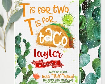 Taco Twosday ("Two"sday 2 ) Birthday Invitations - Orange and Green Cactus - Second Birthday Party Invitations - Printable Instant Download