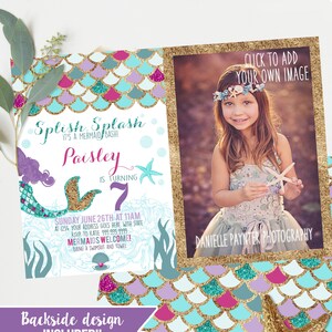 Photo Mermaid Birthday invites Purple Fuchsia teal and gold Girls Mermaid Birthday party Instant download and edit image 1
