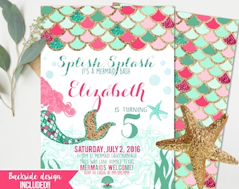 Mermaid birthday Invitations - Pink Girls Birthday - Mermaid Birthday Party - Instant Download