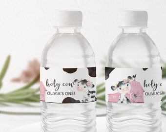 Editable Pink Holy Cow Birthday Water Bottle Labels, Cow Bottle Labels Cow Decor, Baby Cow, First Birthday, Instant Download, Girls birthday
