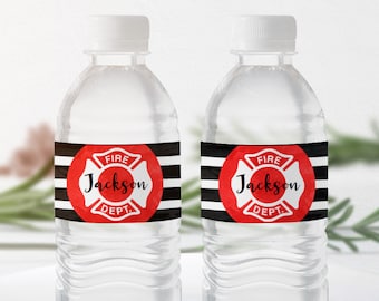 Firefighter Birthday Water Bottle Labels, Fireman Bottle Labels Fire Flames Decor, Firetruck, Fireman Party, Instant Download, Boys birthday