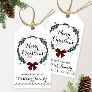 Personalized Christmas Gift Tags - (Download, edit & Print) - Wreath -Christmas Favor, Kraft Tags, Christmas Gift Wrap, Holiday Gift Tags