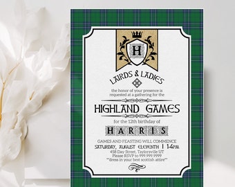 Invito ai giochi delle Highland scozzesi del plaid verde, inviti al plaid verde, inviti a tema scozzese, festa dei giochi delle Highland, stampabile, download istantaneo