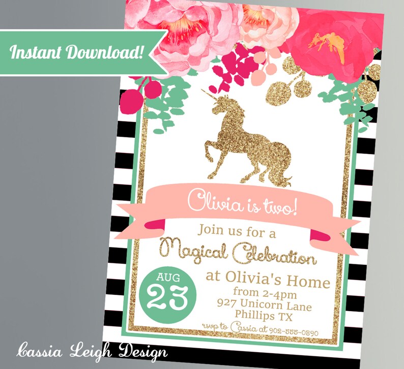 Magical Unicorn Birthday Invitations   Pink and Glitter  image 4