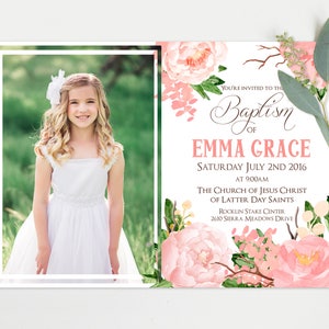 Baptism announcement card with photo - Christening, LDS baptism invitation Girl Pink Flowers - Custom Printable