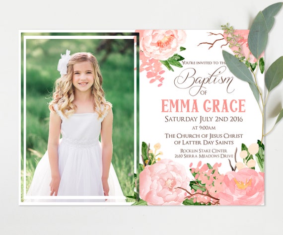 Baptism announcement card with photo - Christening, LDS baptism invitation Girl Pink Flowers - Custom Printable Il_570xn