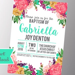 Girls LDS Baptism Invitation - Photo announcement Floral - Baptism Invitation - Printable Download
