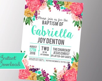 Girls LDS Baptism Invitation - Photo announcement Floral - Baptism Invitation - Printable Download