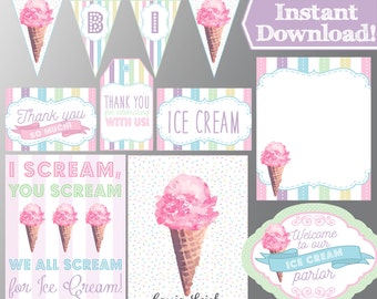 Ice Cream Birthday Party - Pink and Pastels - Ice Cream Party - Ice Cream Decorations - Instant Download