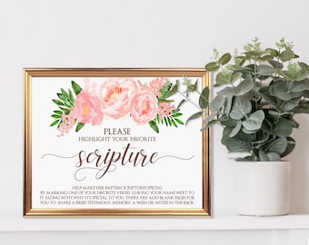 Guest Book Sign Printable, Please Highlight Favorite Scripture Verse, Instant Download, Guest Book Reception - Girls Baptism LDS - Pink