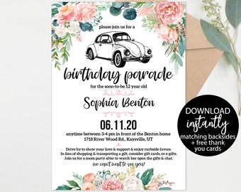 Drive By Birthday Parade - Quarantine Party - Blush Floral Drive By party Invitation - Digital Invite - Social Distance Drive thru - Any age