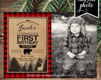 Lumberjack first birthday invites - Photo Buffalo Plaid - Lumberjack birthday - Printable Invite - Digital Download