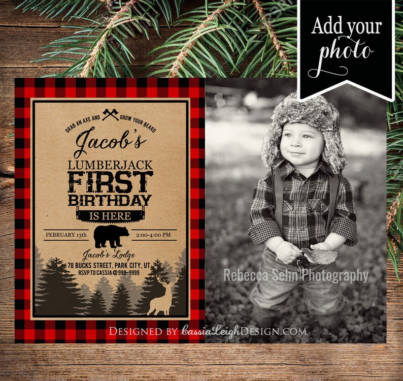 Lumberjack first birthday invites Photo Buffalo Plaid Lumberjack birthday Printable Invite Digital Download image 1