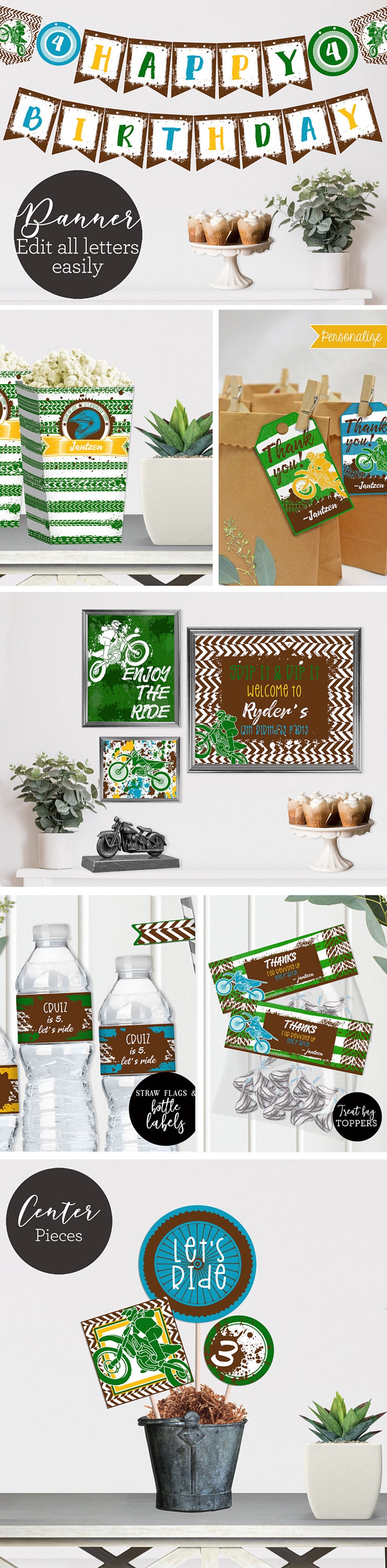 K&ouml;nnte beinhalten: Ein Set mit druckbaren Partydekorationen f&uuml;r eine Motocross-Geburtstagsparty. Das Set beinhaltet ein Banner, Cupcake-Topper, Geschenkanh&auml;nger, Wasserflaschenetiketten und ein Schild. Die Farben sind gr&uuml;n, braun, blau und gelb.