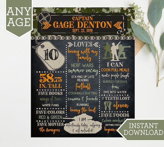 Nerf Army Birthday Birthday Board, Milestones Sign, Camo Army Board, Template, Boys, Any Age + Tween Stats Birthday Poster, Printable NCA10 Il_570xn