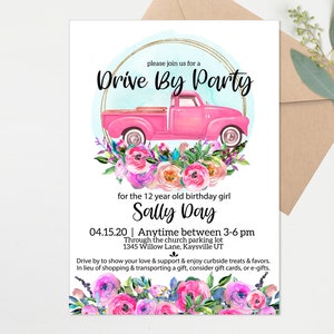 Quarantine Party - Girls Drive By Birthday Parade -  Pink Floral Truck Drive By party Invitations - Digital - Social Distance - Any age