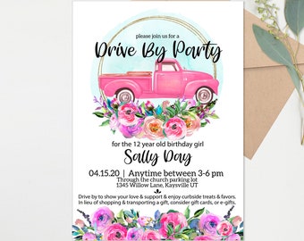 Quarantine Party - Girls Drive By Birthday Parade -  Pink Floral Truck Drive By party Invitations - Digital - Social Distance - Any age