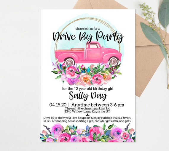 Quarantine Party - Girls Drive By Birthday Parade - Pink Floral Truck Drive By party Invitations - Digital - Social Distance - Any age Il_570xn