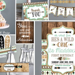 Wild One Birthday Invitation with Decor brown mint teal and gold Tribal First Birthday Party BOY Printable Invite and Decor image 1
