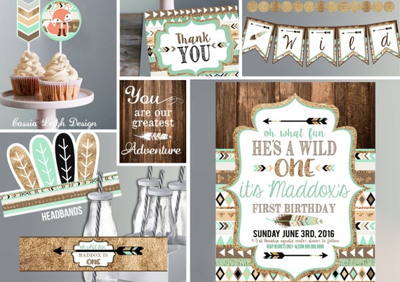 Wild One Birthday Invitation -with Decor - brown mint teal and gold - Tribal - First Birthday Party - BOY - Printable Invite and Decor Il_570xn