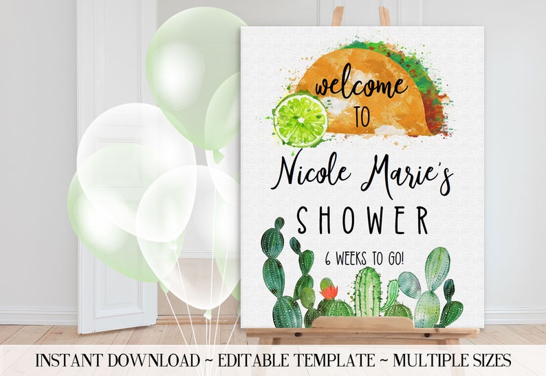 Welcome Fiesta Taco Shower, Custom, Cactus and Tacos, Shower Sign, Bridal / Baby Shower Welcome, Editable Template TF117 / TB121 image 1