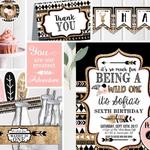 Tribal Wild one Birthday Invites and Decor Printable ANY AGE Pink Black Gold First Second Third Wild One Birthday Instant Download image 1