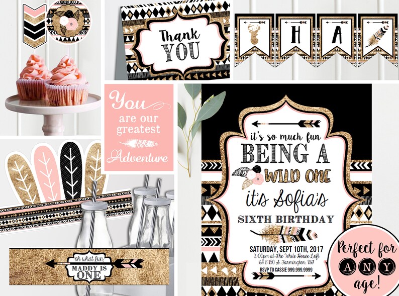 Tribal Wild one Birthday Invites and Decor Printable ANY AGE Pink Black Gold First Second Third Wild One Birthday Instant Download image 1