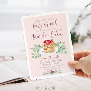 Pancakes Brunch Baby Shower Invitation, Strawberries, Blush, Girl Baby, Printable, Pancakes Baby Brunch invite, Instant Download - SP19