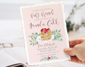 Pancakes Brunch Baby Shower Invitation, Strawberries, Blush, Girl Baby, Printable, Pancakes Baby Brunch invite, Instant Download - SP19