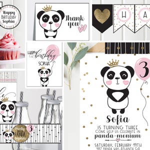 Panda Birthday Invitations and Decorations Black White and Pink with Gold Panda Princess Girls Birthday Full Collection Digital image 1