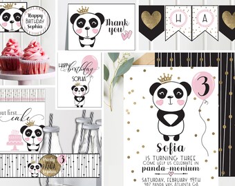 Panda Birthday Invitations and Decorations - Black White and Pink with Gold - Panda Princess - Girls Birthday - Full Collection - Digital