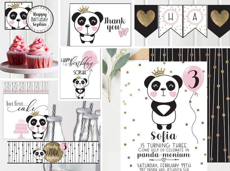 Panda Birthday Invitations and Decorations Black White and Pink with Gold Panda Princess Girls Birthday Full Collection Digital image 1