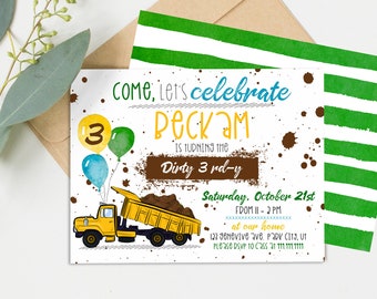 Dump Truck, Dirty 3rdy, Instant Download, boys birthday invites - Any Age - green blue & yellow - Boys 3rd Birthday Invite -Digital