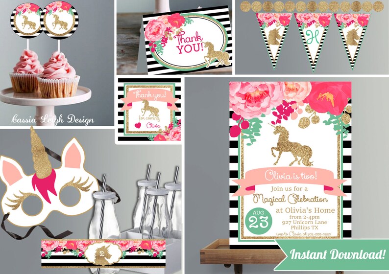 Magical Unicorn Birthday Invitations Pink and Glitter Unicorn Birthday Printable Party FULL Kit image 1